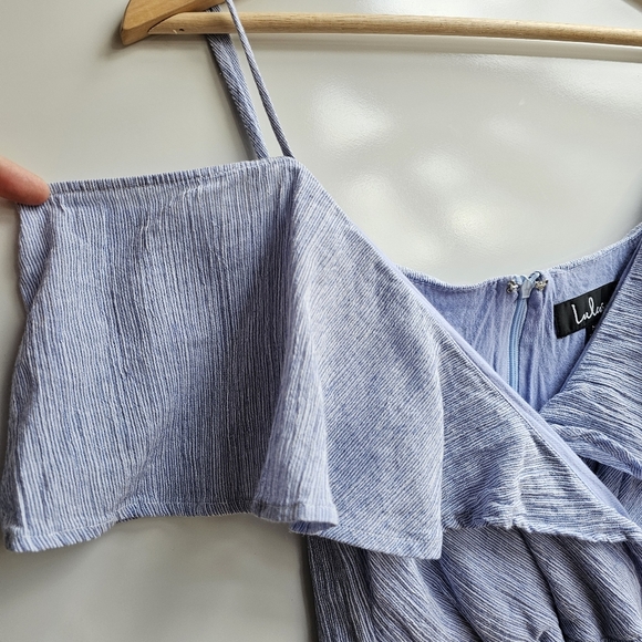 Lulus Yacht Rock Blue Striped Off Shoulder Ruffle Dress Midi Size Small - Picture 4 of 12